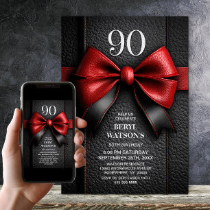 Red Leather Bow 90th Birthday Party Invitation