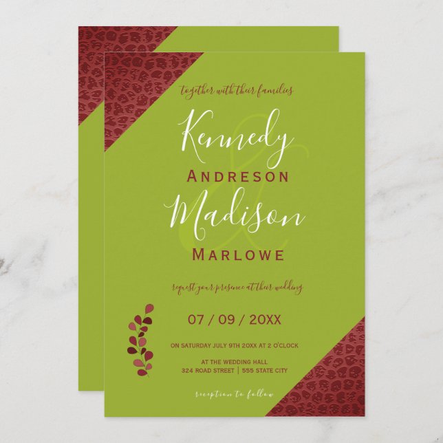 Red Leather Geometric Non-Binary Wedding Invitation (Front/Back)