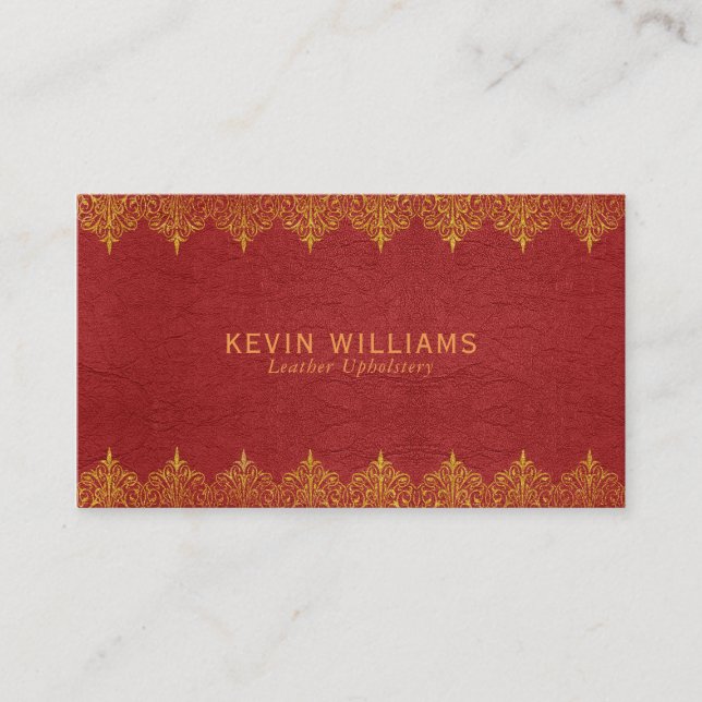 Red Leather & Gold Border Swirls Business Card (Front)