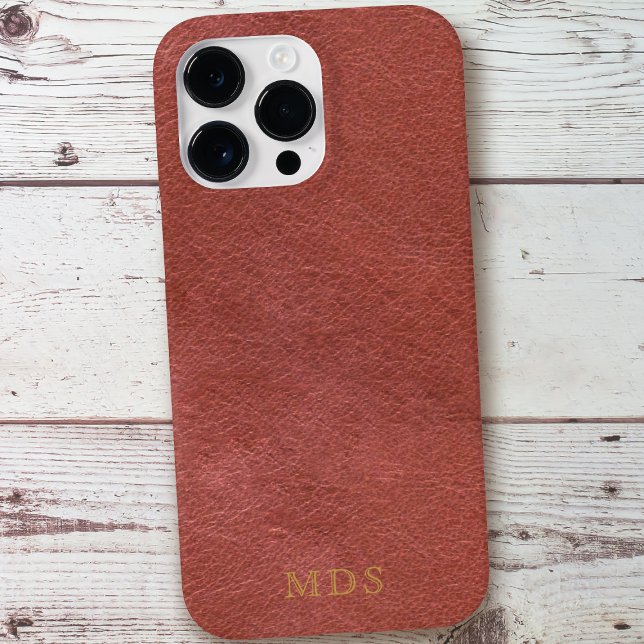 Red Leather Look Gold Monogram Oxblood iPhone Case (A timeless and classic red orange Oxblood faux leather look with space for your initials)