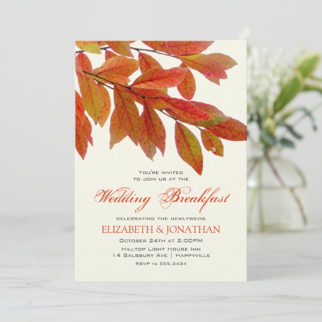 Red Leaves Branches Wedding Breakfast Invitation (Standing Front)