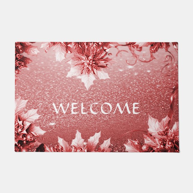 Red Leaves Christmas Holiday Doormat (Front)