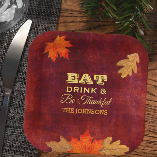 Red Leaves Eat Drink and Be Thankful Paper Plates (Creator Uploaded)