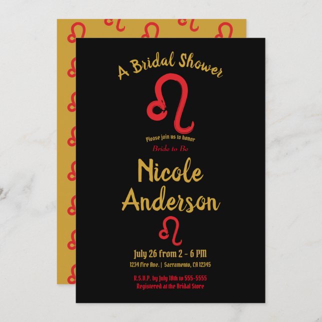 Red LEO Zodiac Astrology July August Bridal Shower Invitation (Front/Back)