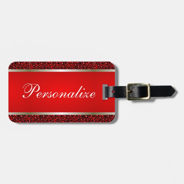 Red Leopard Animal Print | Personalise Luggage Tag (Front Horizontal)