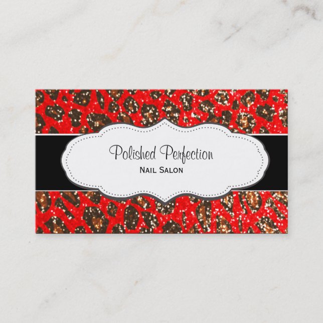 Red Leopard Print Faux Glitter Business Cards (Front)