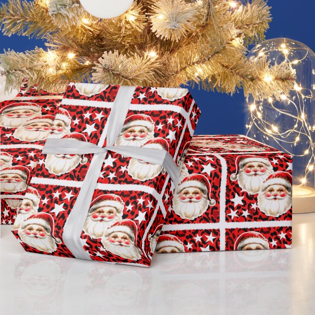 Red Leopard Print Retro Santa Claus Christmas Wrapping Paper (Holidays)