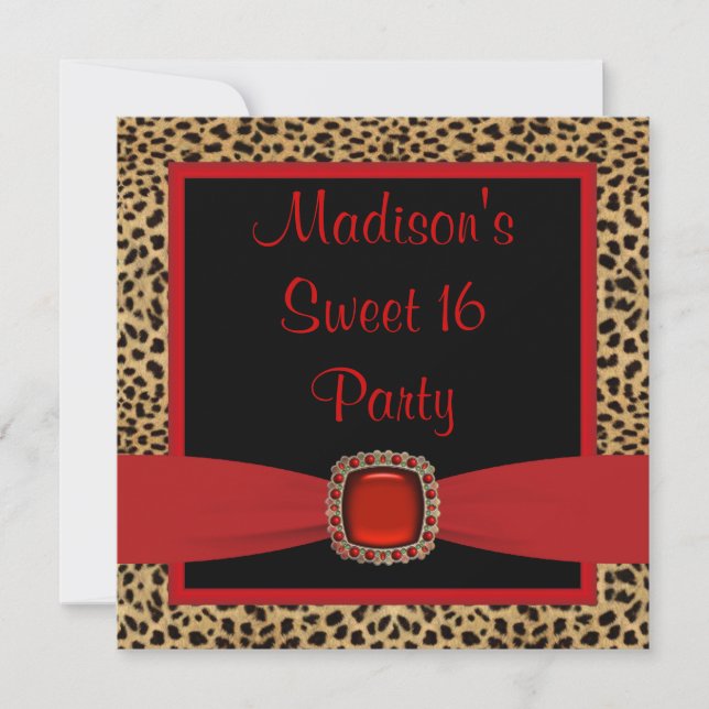 Red Leopard Sweet 16 Birthday Party Invitation (Front)