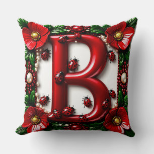 🐞 Red Letter B Ladybugs Poppies Pearls Cushion
