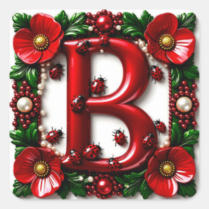 🐞 Red Letter B Ladybugs Poppies Pearls  Square Sticker