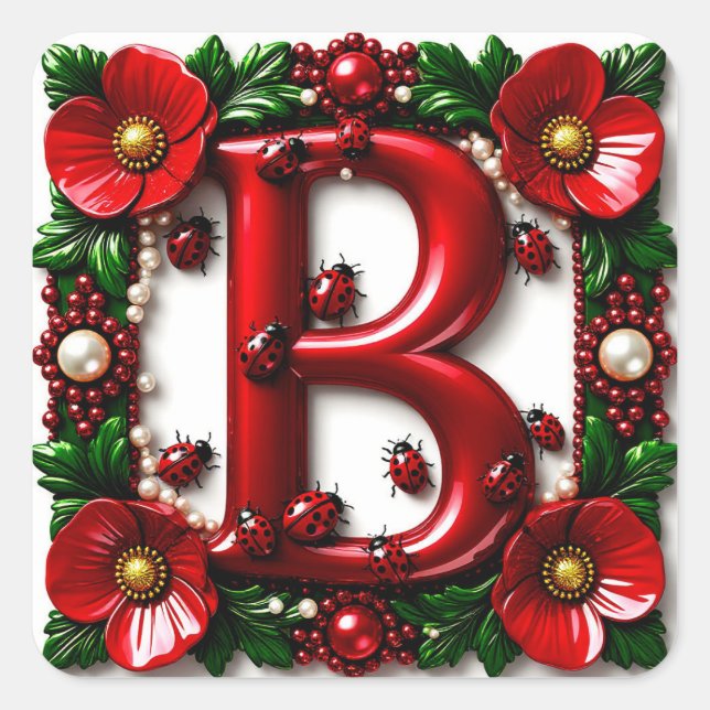 🐞 Red Letter B Ladybugs Poppies Pearls  Square Sticker (Front)