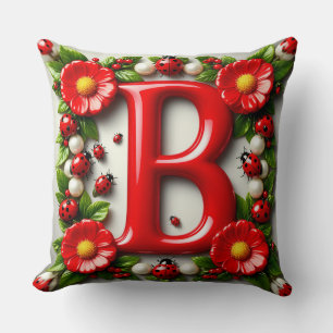 🐞 Red Letter B Name Plate Ladybugs Poppies Cushion