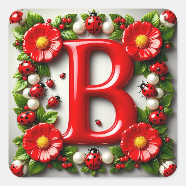 🐞 Red Letter B Name Plate Ladybugs Poppies Square Sticker (Front)
