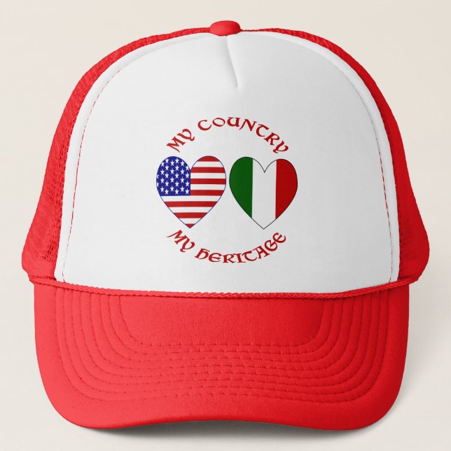 Red Letters Italian USA Country Heritage Trucker Hat (Front)
