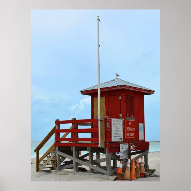 Red Lifeguard Tower No Lifeguard On Duty Poster (Front)