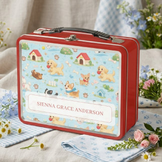 Red Light Blue Cute Puppies Pattern MH26 Metal Lunch Box
