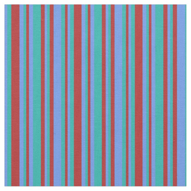 Red, Light Sea Green, and Cornflower Blue Pattern Fabric (Close Up)