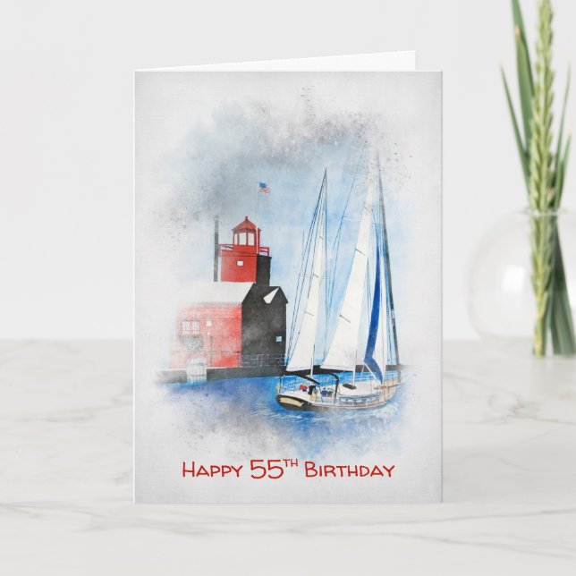 Red Lighthouse and Sailboat 55th Birthday   Card (Front)