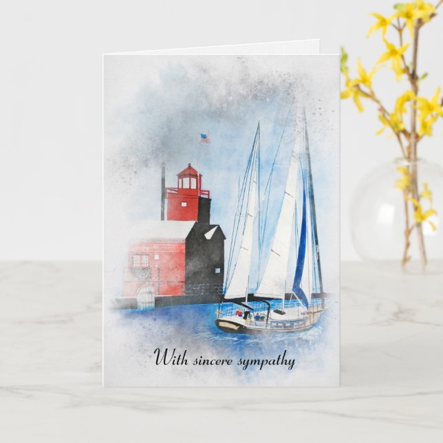 Red Lighthouse and Sailboat Painting Card (Yellow Flower)