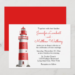Red Lighthouse Beach Summer Nautical Wedding Invitation