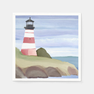 Red Lighthouse Coastal Ocean Watercolor Painting Napkin