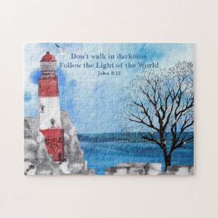 Red Lighthouse Watercolor Scene Jigsaw Puzzle