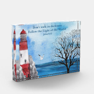 Red Lighthouse Watercolor Scene Poster Photo Block