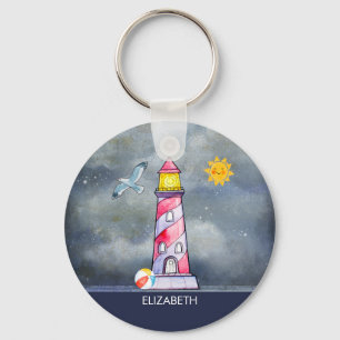 Red Lighthouse with a Stormy Background Key Ring