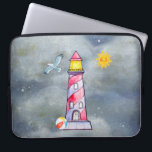 Red Lighthouse with a Stormy Background Laptop Sleeve<br><div class="desc">A laptop sleeve with a whimsical red-striped lighthouse and a colourful beach ball resting against its wall. A grey seagull flies off in the distance. A yellow sun smiles happily in the sky. Billowing stormy clouds closing in from behind. Digital image created with watercolors.</div>
