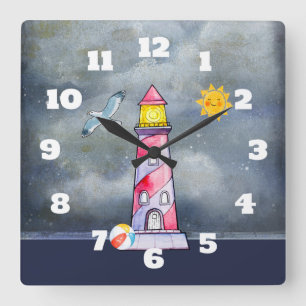Red Lighthouse with a Stormy Background Square Wall Clock