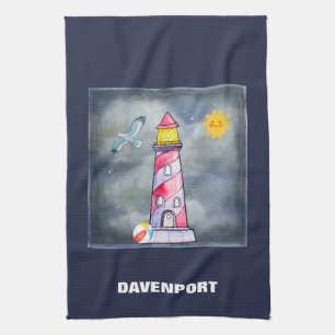 Red Lighthouse with a Stormy Background Tea Towel
