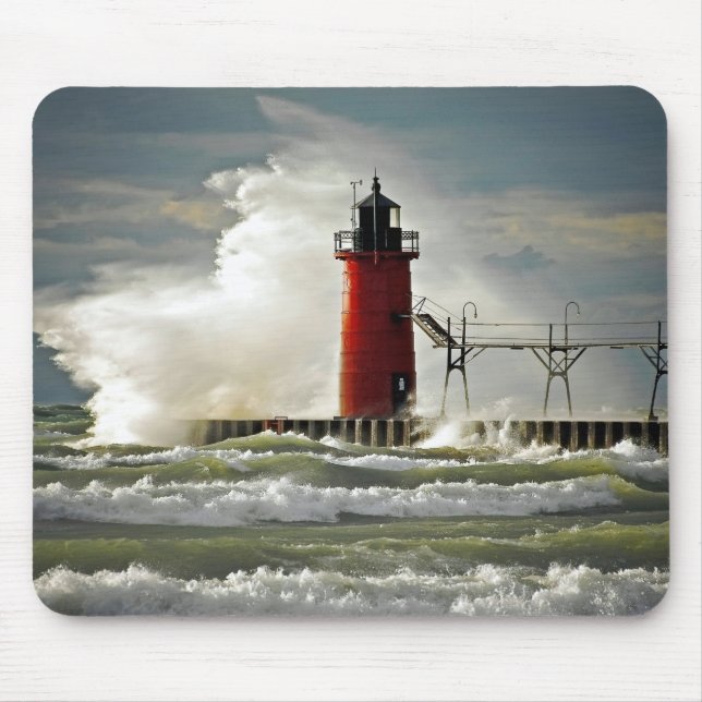 red lighthouse with big wave mouse pad (Front)
