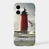 red lighthouse with giant wave