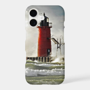 red lighthouse with giant wave