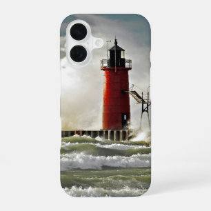 red lighthouse with giant wave iPhone 16 case