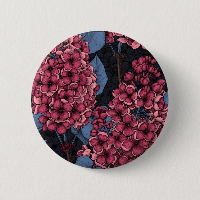 Red lilac on dark blue 6 cm round badge (Front)
