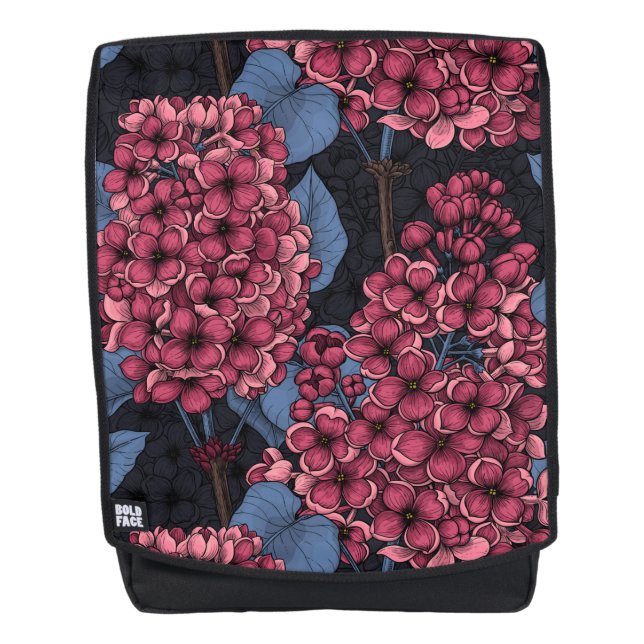 Red lilac on dark blue backpack (Front)