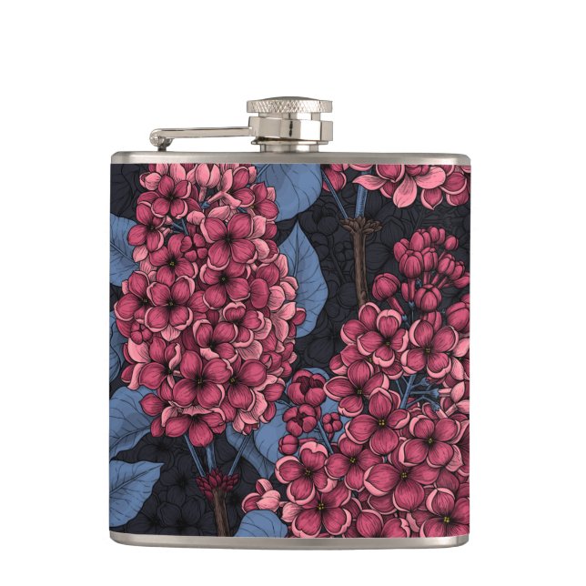 Red lilac on dark blue hip flask (Front)