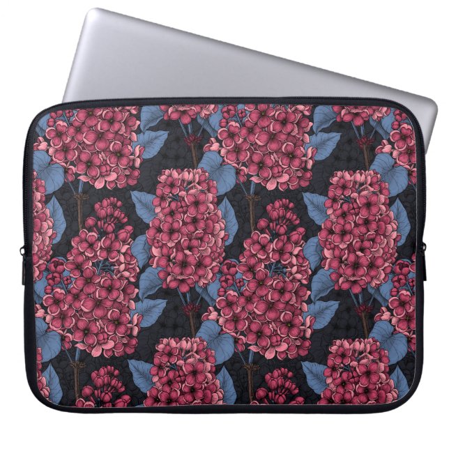 Red lilac on dark blue laptop sleeve (Front)