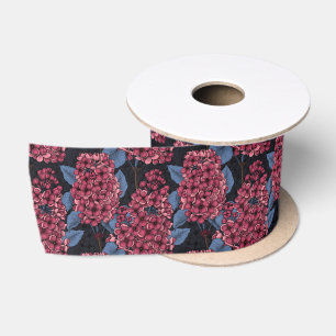 Red lilac on dark blue satin ribbon