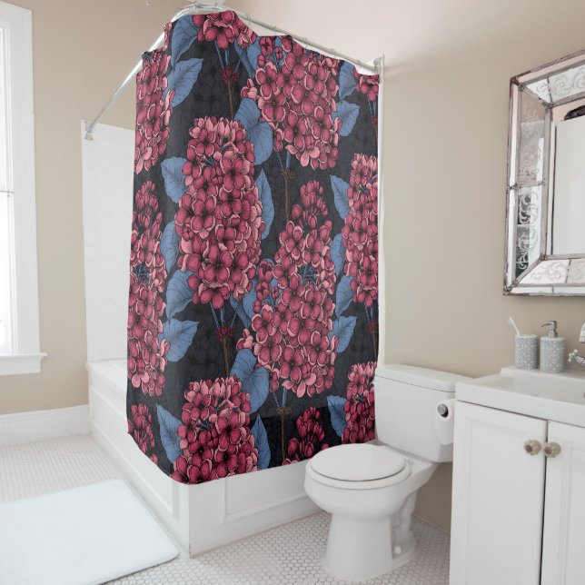 Red lilac on dark blue shower curtain (In Situ)