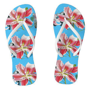 Red Lily Blue Floral Flowers Ladies Thongs