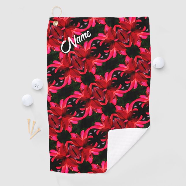Red Lily Floral Abstract Pattern Personalised     Golf Towel (InSitu)