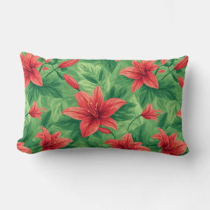 Red Lily Flowers With Lush Green Leaves Lumbar Cushion