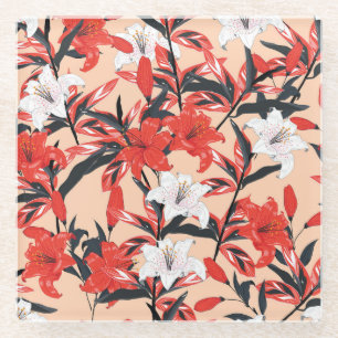 Red Lily: Vintage Botanical Pattern. Glass Coaster