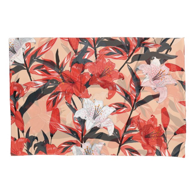 Red Lily: Vintage Botanical Pattern. Pillowcase (Front)