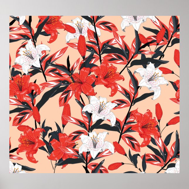 Red Lily: Vintage Botanical Pattern. Poster (Front)