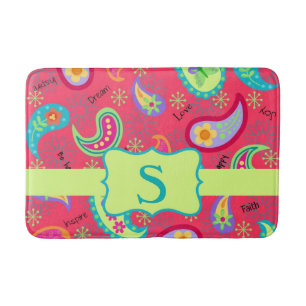 Red Lime Green Monogram Modern Paisley Pattern Bath Mat