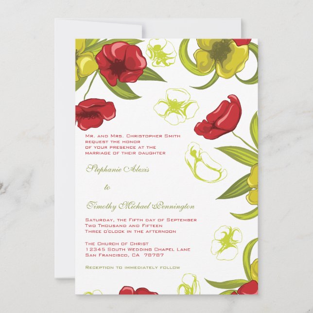 Red + Lime Green poppy flowers wedding invitation (Front)