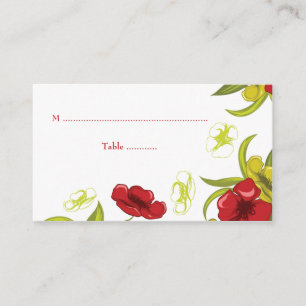 Red + Lime Green poppy flowers wedding place card